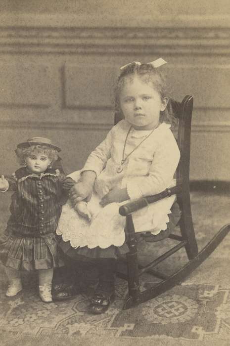 Iowa, rocking chair, necklace, Children, Meyer, Sarah, history of Iowa, Portraits - Individual, girl, doll, Waverly, IA, Iowa History