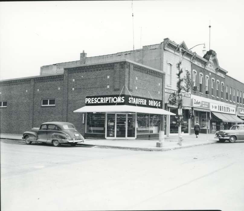 history of Iowa, stores, Waverly Public Library, drugstore, Main Streets & Town Squares, storefront, main street, car, Iowa, street, Iowa History, Cities and Towns