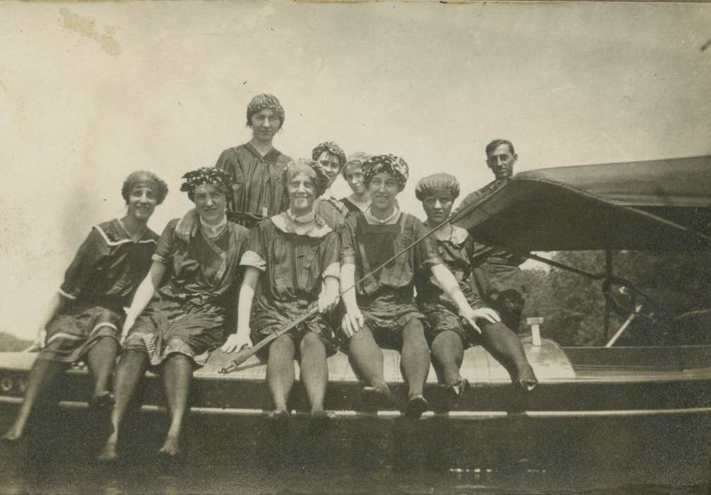 Portraits - Group, swim, Iowa, Waterloo, IA, bathing suit, Leisure, boat, river, LeQuatte, Sue, Lakes, Rivers, and Streams, history of Iowa, Motorized Vehicles, Iowa History