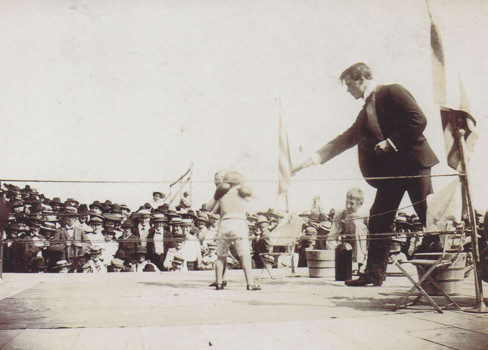 boater hat, Iowa, boxing, boxing ring, Fairs and Festivals, Children, Entertainment, Anamosa, IA, Hatcher, Cecilia, history of Iowa, flag, Iowa History