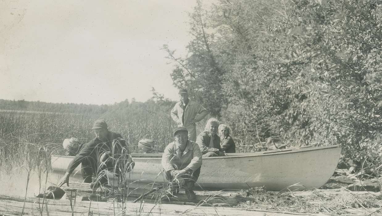 Portraits - Group, Travel, canoe, lake, history of Iowa, Iowa History, Lakes, Rivers, and Streams, scarf, Cass County, MN, grass, Iowa, Outdoor Recreation, McMurray, Doug, Children, hat