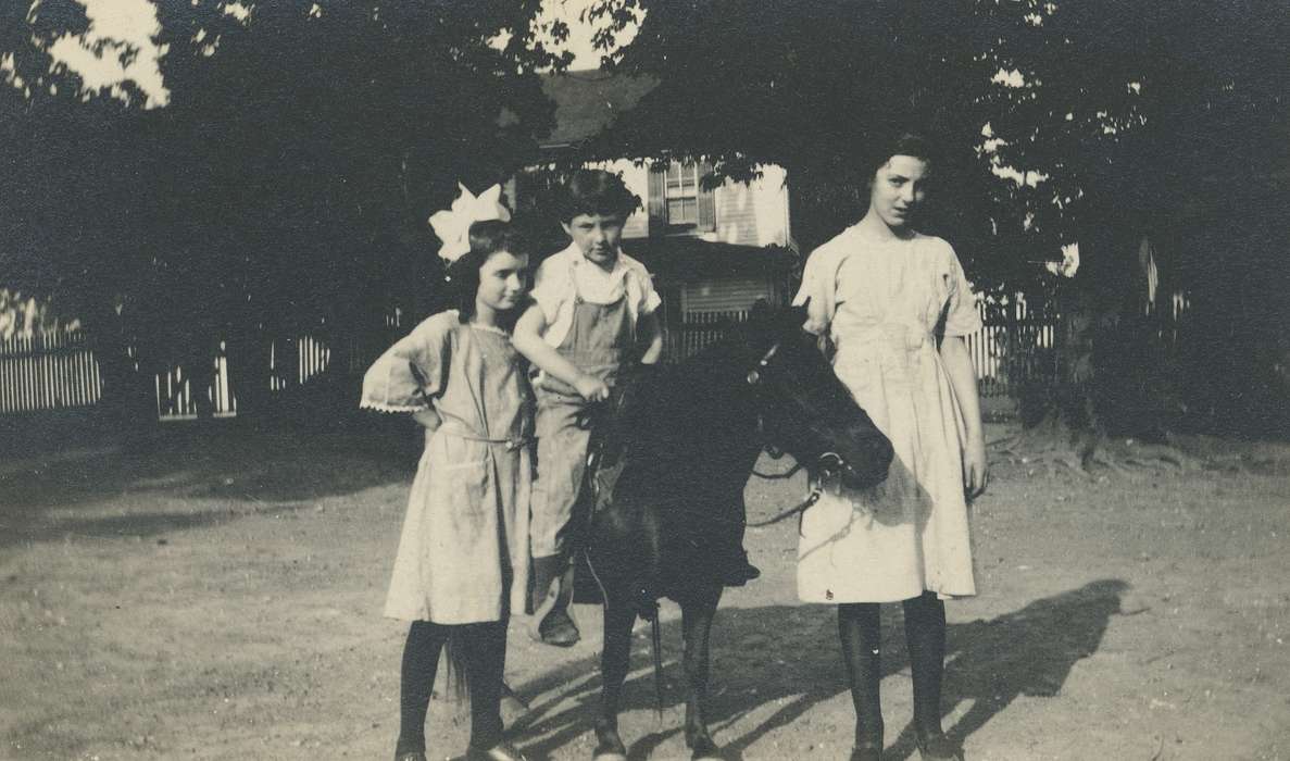 Neymeyer, Robert, bow, overalls, saddle, history of Iowa, Parkersburg, IA, bridle, Animals, Iowa, pony, dress, Children, horse, Iowa History, Portraits - Group