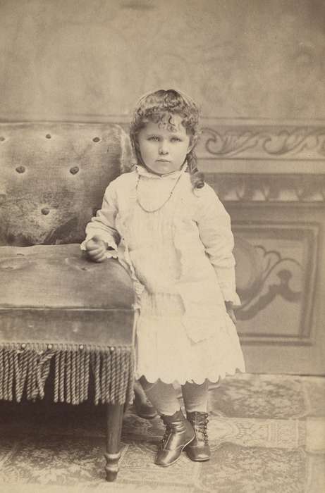 boots, fringe, Iowa, chair, Children, Meyer, Sarah, Portraits - Individual, dress, girl, history of Iowa, Waverly, IA, Iowa History