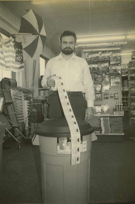 history of Iowa, employees, Portraits - Individual, trash can, Iowa History, Businesses and Factories, american flag, Waverly, IA, business, Iowa, Waverly Public Library, Labor and Occupations