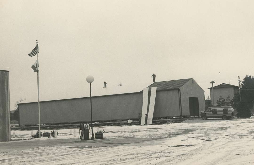 Businesses and Factories, Waverly Public Library, gas pump, Iowa, barrel, history of Iowa, Iowa History, american flag, construction crew, van, Waverly, IA