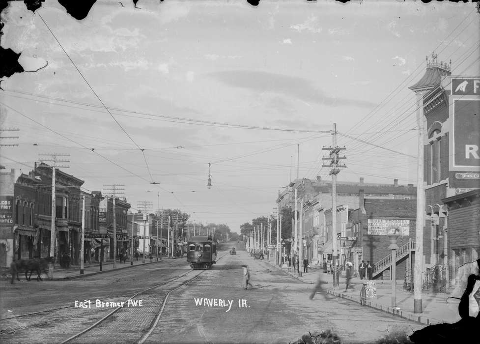 Main Streets & Town Squares, history of Iowa, Iowa History, Motorized Vehicles, downtown, trolley, Iowa, Cities and Towns, Waverly Public Library