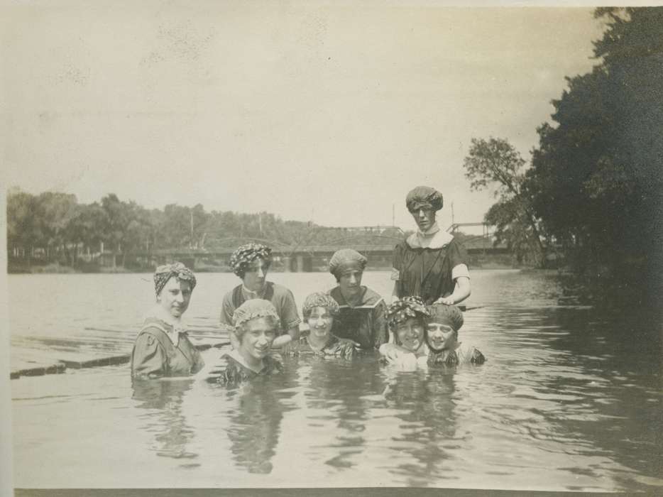 Portraits - Group, bathing suit, Waterloo, IA, Iowa History, LeQuatte, Sue, river, Lakes, Rivers, and Streams, Leisure, history of Iowa, bridge, Iowa, swim