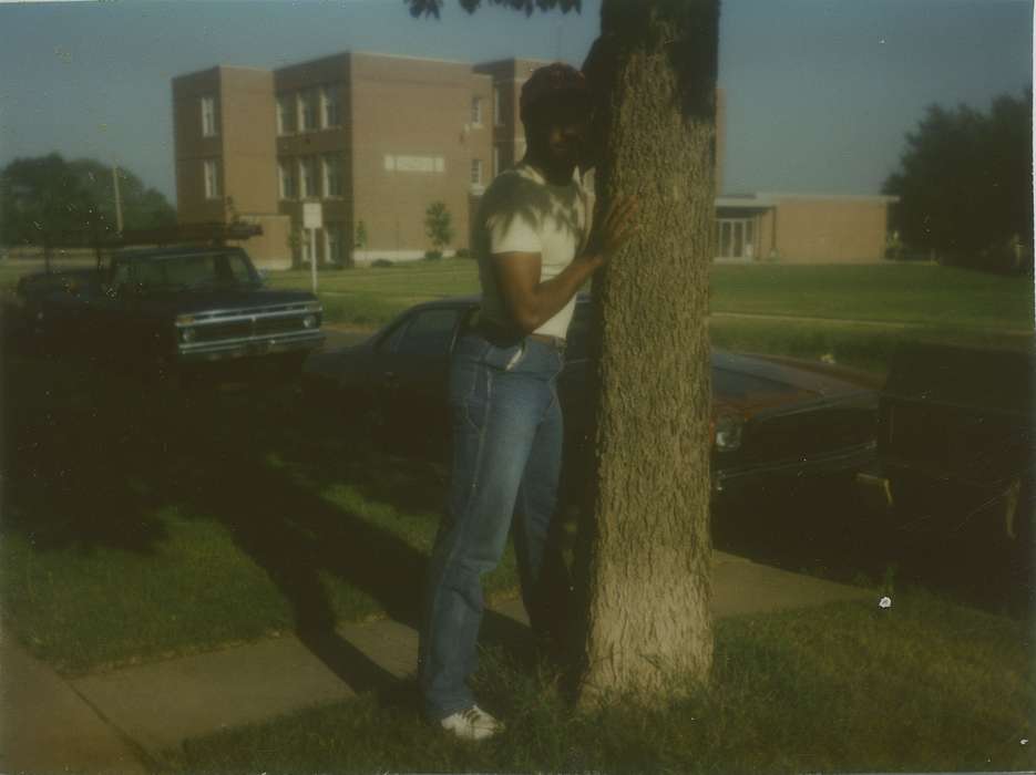 jeans, brick building, Iowa, Barrett, Sarah, Waterloo, IA, truck, Schools and Education, african american, car, Portraits - Individual, People of Color, history of Iowa, tree, Iowa History