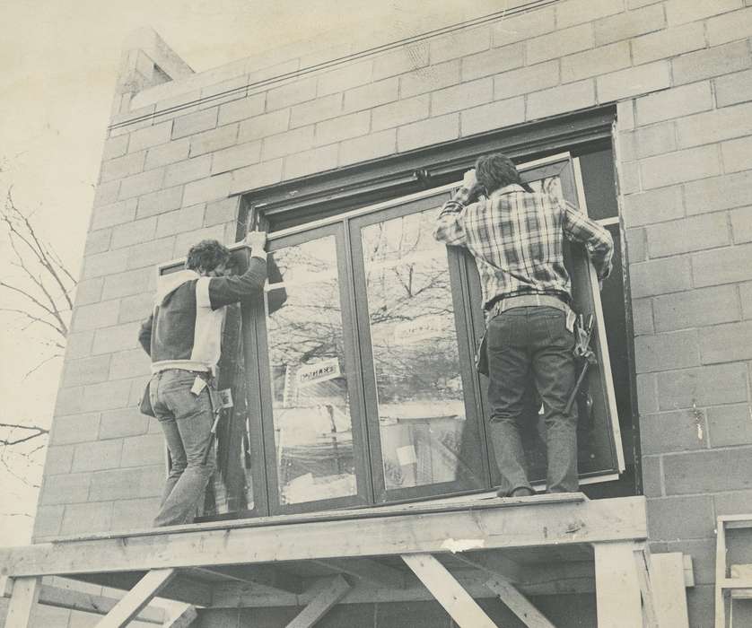 construction, history of Iowa, construction materials, window, Waverly Public Library, Religious Structures, Waverly, IA, tool, Iowa, plaid shirt, Iowa History, Labor and Occupations