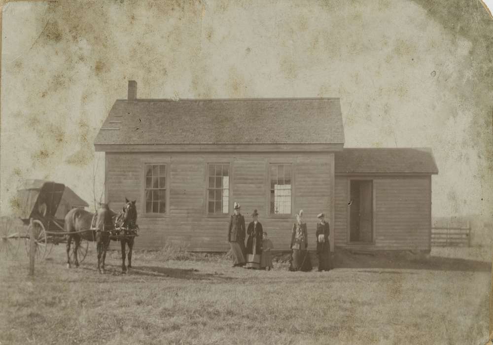 Portraits - Group, teacher, Animals, horse, Iowa History, history of Iowa, one room schoolhouse, school, Iowa, correct date needed, horse and buggy, Families, Parkersburg, IA, Neymeyer, Robert