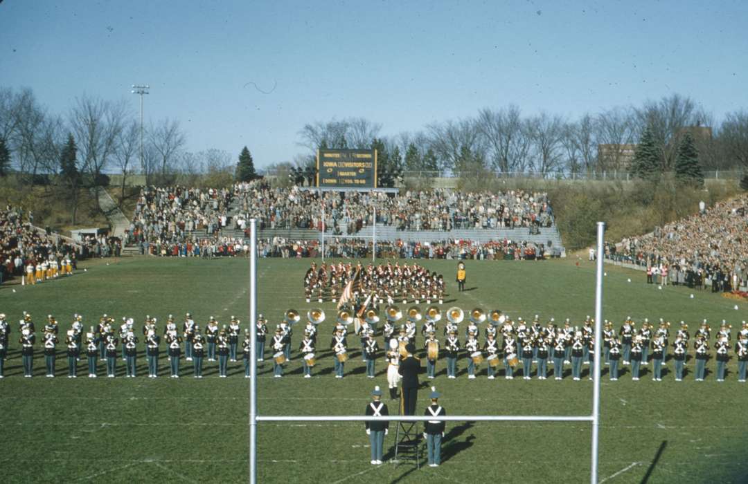 scoreboard, Iowa, Iowa City, IA, Satre, Margaret, Schools and Education, history of Iowa, Entertainment, stadium, Sports, football field, band, marching band, Iowa History