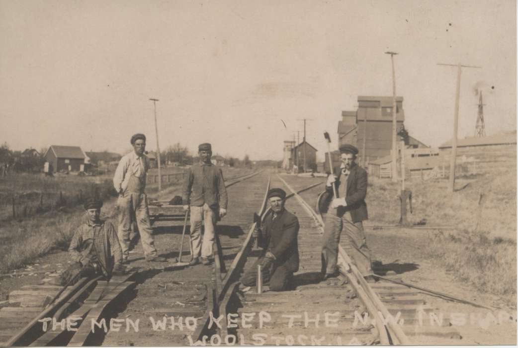 train tracks, railroad, history of Iowa, train, Iowa, Train Stations, Cities and Towns, McCllough, Connie, Labor and Occupations, Iowa History, rail workers, Woolstock, IA