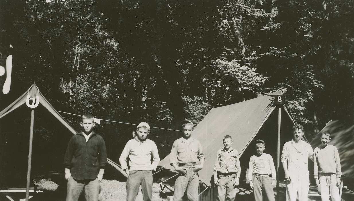 Portraits - Group, tents, camping, Iowa History, Iowa, McMurray, Doug, history of Iowa, Lehigh, IA, Children, boy scouts