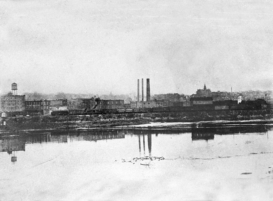 smoke stack, train, Iowa, Businesses and Factories, river, water tower, Lakes, Rivers, and Streams, Lemberger, LeAnn, Ottumwa, IA, history of Iowa, Iowa History