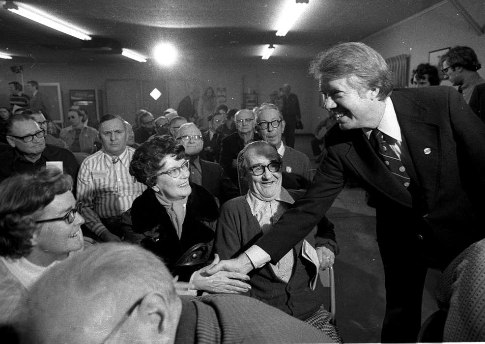 glasses, suit, elderly, Iowa History, Iowa, Civic Engagement, Lemberger, LeAnn, Ottumwa, IA, handshake, campaign, jimmy carter, president, history of Iowa