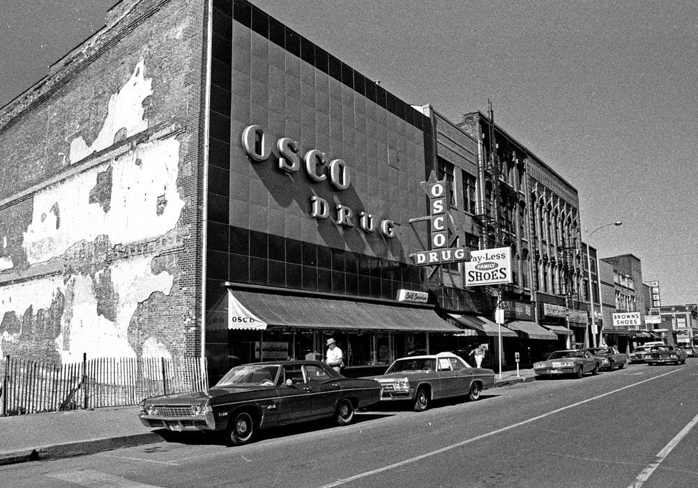 Businesses and Factories, car, Cities and Towns, chevrolet, storefront, Iowa, Iowa History, impala, Lemberger, LeAnn, drugstore, chevy, Ottumwa, IA, downtown, street, Main Streets & Town Squares, mainstreet, history of Iowa