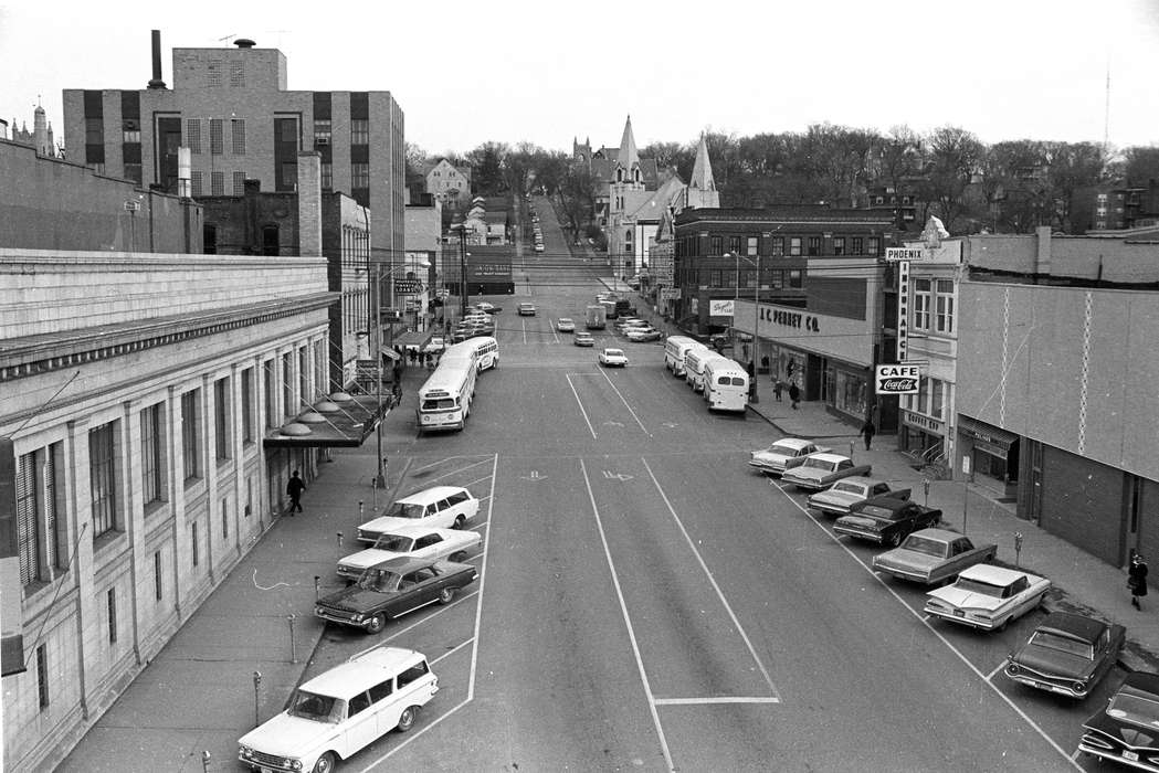 Main Streets & Town Squares, history of Iowa, Religious Structures, parking meter, Ottumwa, IA, Iowa History, storefront, Lemberger, LeAnn, Businesses and Factories, car, cafe, Iowa, Cities and Towns, bus, bank