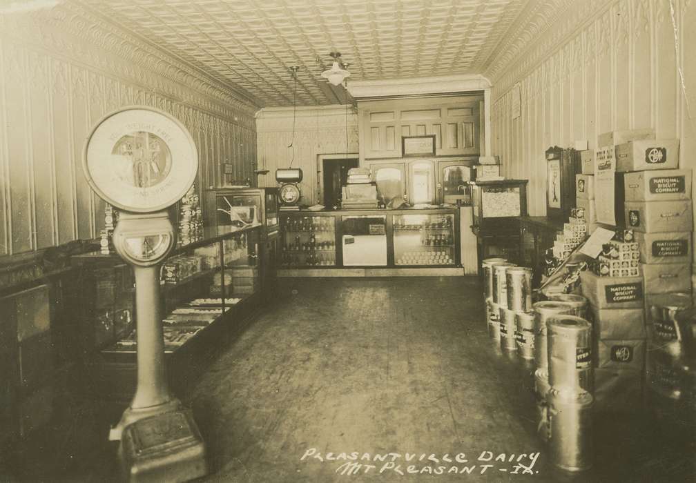 Iowa History, Mount Pleasant, IA, Campbell, Steve, display case, history of Iowa, milk carton, scale, Main Streets & Town Squares, Iowa, milk, store, Businesses and Factories, tin ceiling, cash register, small business, dairy