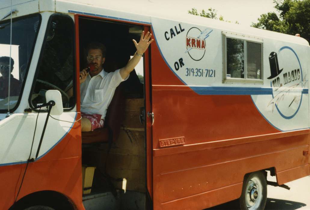 hand, Iowa, parade, shorts, 4th of july, Fairs and Festivals, truck, Coralville Public Library, van, Portraits - Individual, Cities and Towns, radio, history of Iowa, Holidays, Motorized Vehicles, Iowa History, Coralville, IA