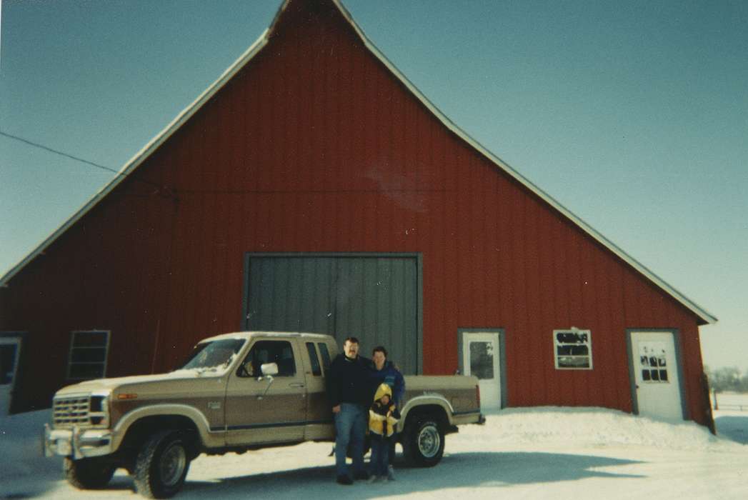 Portraits - Group, Iowa, ford, truck, Pacha, Pam, Families, Children, snow, Barns, DeWitt, IA, family, Farms, red barn, Winter, history of Iowa, Motorized Vehicles, Iowa History