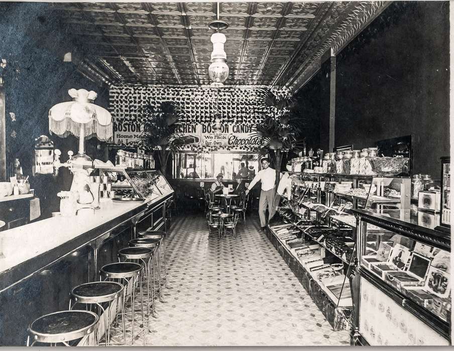 soda fountain, Iowa, chocolate, candy, Anamosa Library & Learning Center, restaurant, store, history of Iowa, counter, Cities and Towns, Businesses and Factories, Anamosa, IA, stool, Main Streets & Town Squares, Iowa History