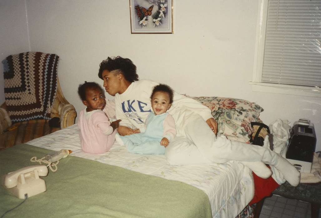 Portraits - Group, african american, People of Color, bedroom, history of Iowa, Iowa History, Families, Barrett, Sarah, bed, phone, Iowa, Waterloo, IA, crochet, Homes, Children