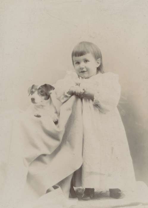 Iowa, Animals, dog, Children, Meyer, Sarah, hairstyle, Portraits - Individual, dress, girl, history of Iowa, Waverly, IA, Iowa History