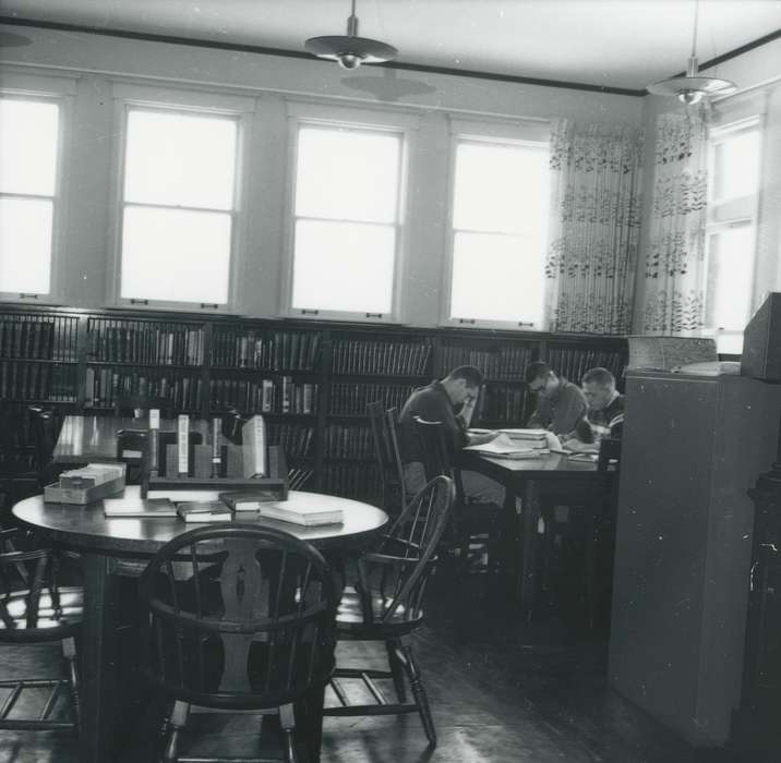 Schools and Education, bookshelf, table and chairs, Waverly Public Library, studying, library, Iowa, history of Iowa, Iowa History, students, books