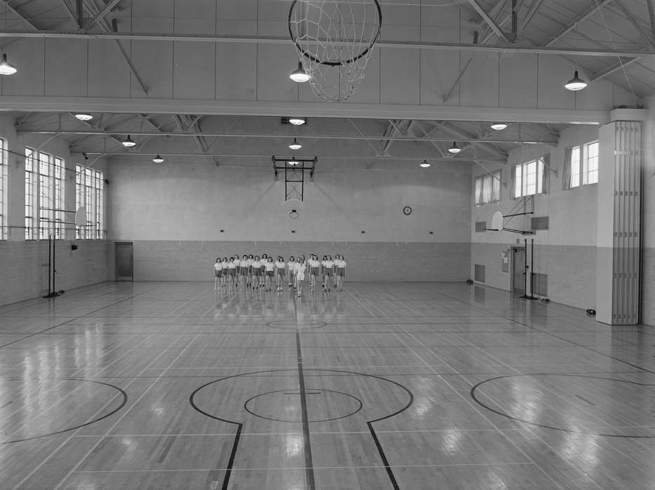 Portraits - Group, class, history of Iowa, Iowa History, Library of Congress, young women, dancing, Iowa, Schools and Education, gymnasium