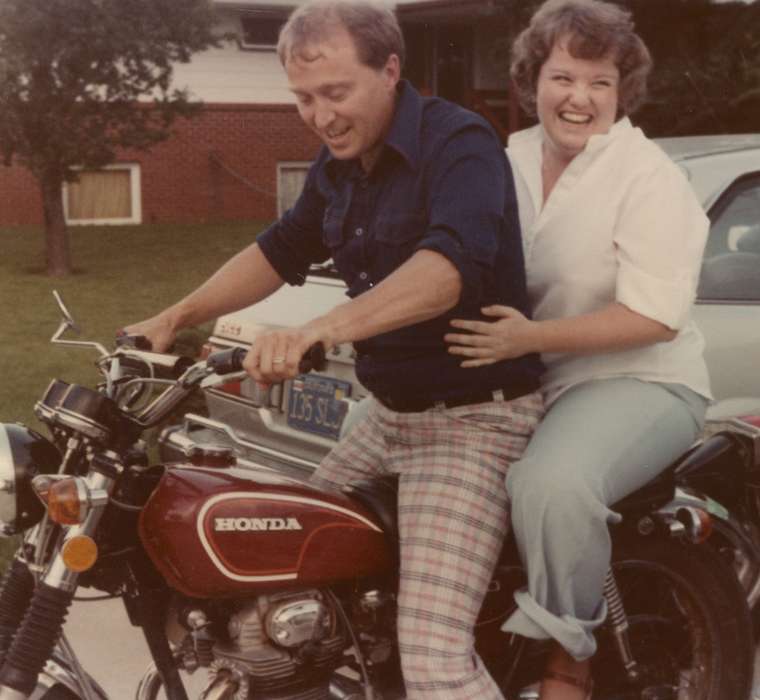 Sheldon, IA, history of Iowa, Iowa History, honda, Motorized Vehicles, woman, motorcycle, Brechwald, Linda, man, Iowa