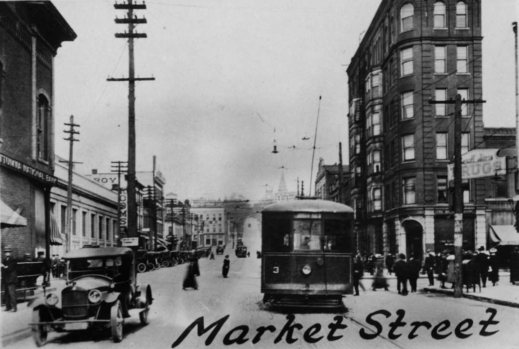 Ottumwa, IA, history of Iowa, Lemberger, LeAnn, Motorized Vehicles, drugstore, Main Streets & Town Squares, Iowa, Cities and Towns, car, trolley, Iowa History, telephone pole