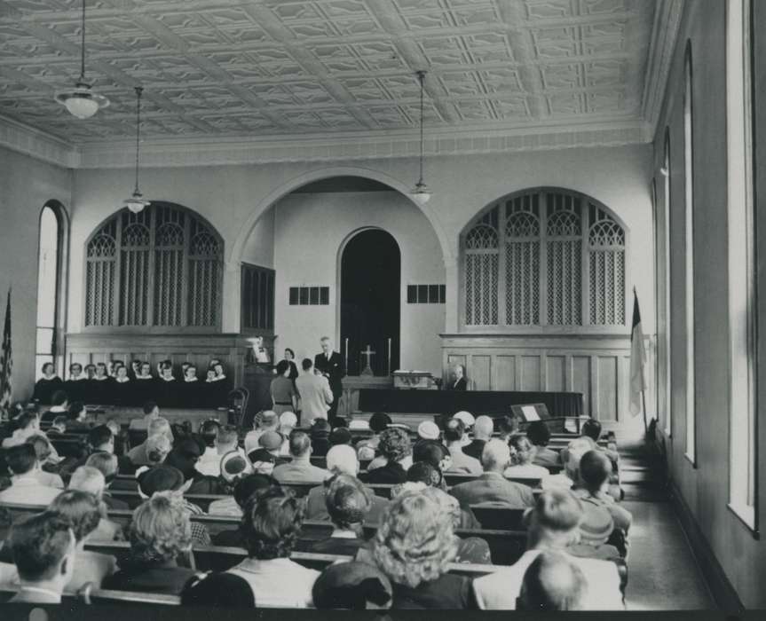 history of Iowa, congregation, Religious Structures, Waverly, IA, Waverly Public Library, Iowa, Religion, choir, group, light, Iowa History, Labor and Occupations, pews