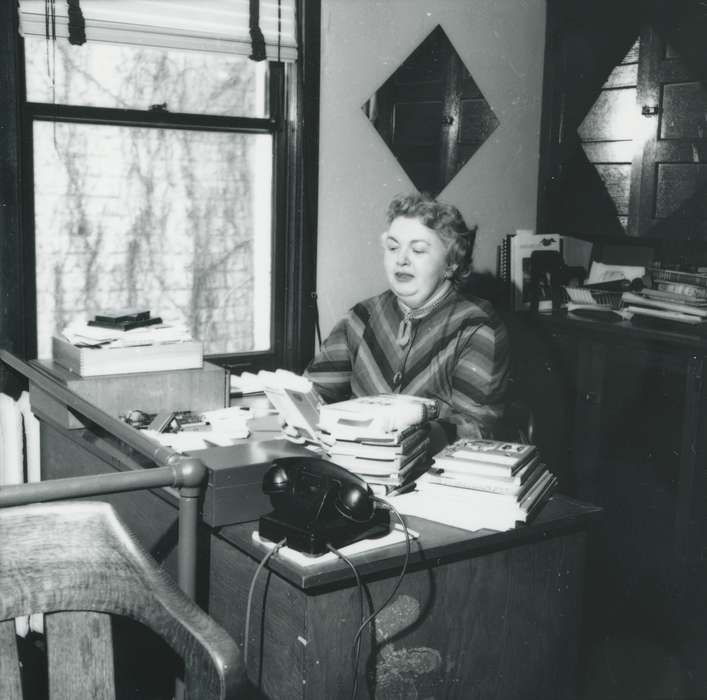 history of Iowa, Iowa History, window, woman, phone, office, Iowa, desk, Waverly Public Library, Portraits - Individual