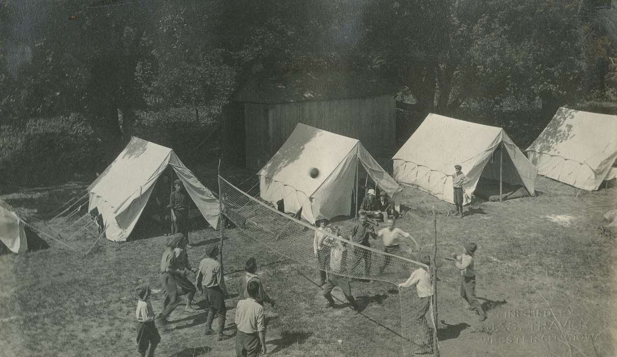 boy scouts, history of Iowa, Iowa History, McMurray, Doug, Hamilton County, IA, tent, Iowa, volleyball, Outdoor Recreation, Sports, Children, camping
