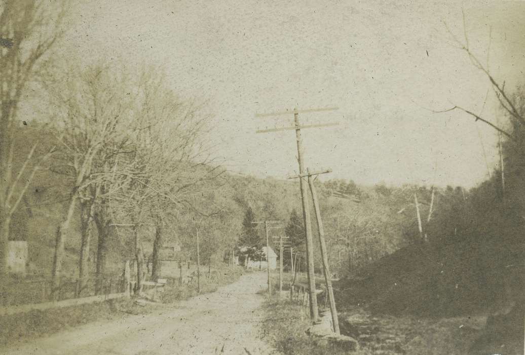 trees, Landscapes, IA, Iowa, telephone pole, Cities and Towns, Neessen, Ben, history of Iowa, dirt road, Iowa History