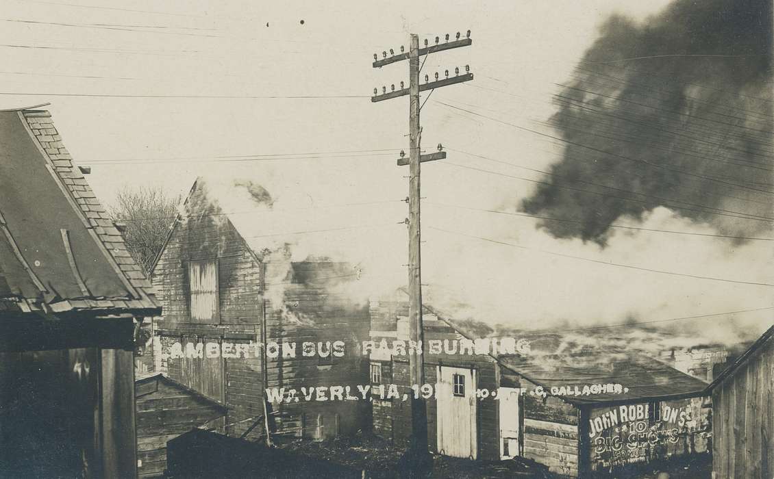 burning building, Wrecks, smoke, telephone pole, Aerial Shots, Farms, utility pole, history of Iowa, Main Streets & Town Squares, Iowa History, electrical wires, Iowa, Meyer, Sarah, advertisement, Barns, fire, roof, Waverly, IA, shingles