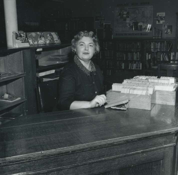 Portraits - Individual, Labor and Occupations, desk, Waverly Public Library, librarian, Iowa, woman, history of Iowa, Iowa History, books