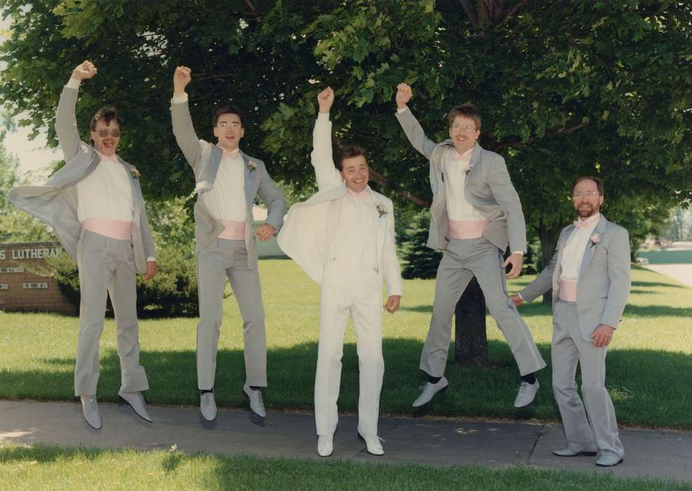 Portraits - Group, men, formal, Merck, Linda, Weddings, Iowa, Iowa History, Marion, IA, wedding, history of Iowa, jump, suit, groom