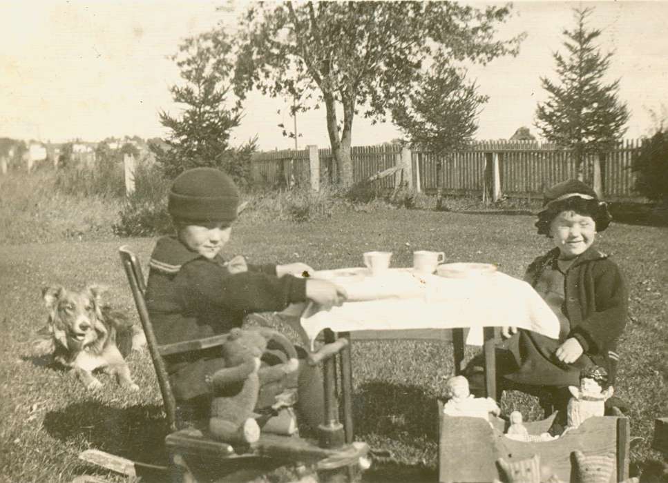 Cedar Falls, IA, history of Iowa, Iowa History, Animals, teddy bear, dolls, Iowa, tea party, Shaw, Marilyn, Food and Meals, Children, dog