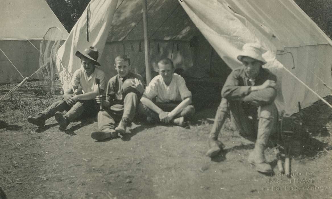 Portraits - Group, boy scouts, history of Iowa, Iowa History, Hamilton County, IA, tent, Iowa, Outdoor Recreation, McMurray, Doug, Children, camping