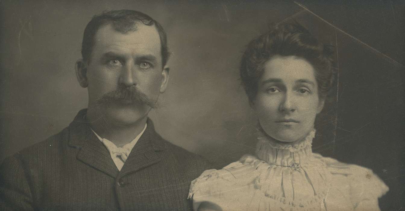 Portraits - Group, ruffle, Iowa, woman, Iowa History, Neymeyer, Robert, high collar, hairstyle, man, mustache, history of Iowa, Rockwell, IA, collar