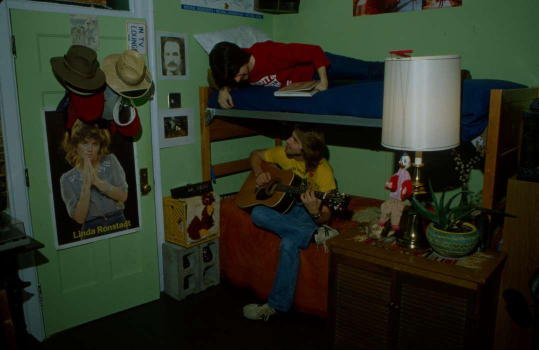 hat, bunk bed, lamp, Iowa History, Iowa, Schools and Education, university of northern iowa, clown, uni, UNI Special Collections & University Archives, guitar, dorm room, poster, Leisure, Cedar Falls, IA, history of Iowa