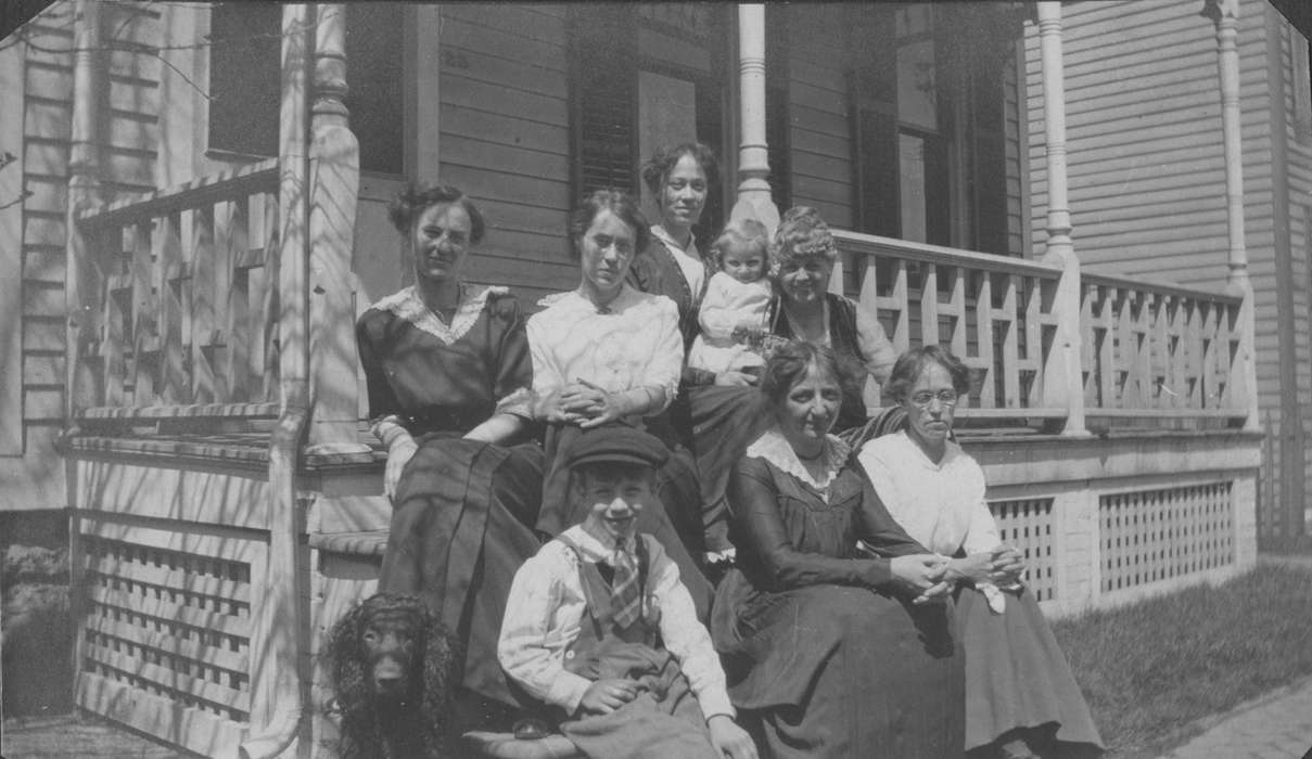 Portraits - Group, porch, Becker, Alfred, IA, Iowa, poodle, dog, history of Iowa, Iowa History