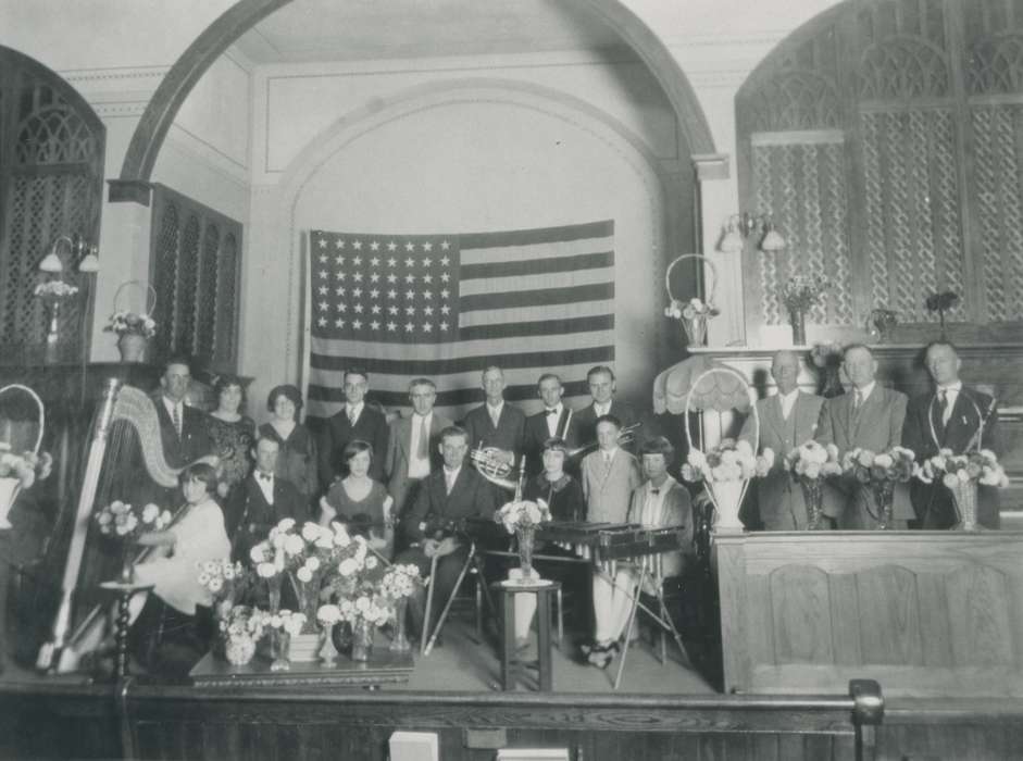 Portraits - Group, violin, xylophone, history of Iowa, Religious Structures, flowers, Iowa History, harp, american flag, Waverly, IA, Iowa, church, trumpet, french horn, Waverly Public Library
