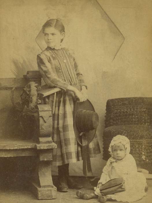 Portraits - Group, baby, Iowa, Keokuk, IA, bonnet, hat, bench, Children, children, Olsson, Ann and Jons, book, girl, history of Iowa, cabinet photo, Iowa History