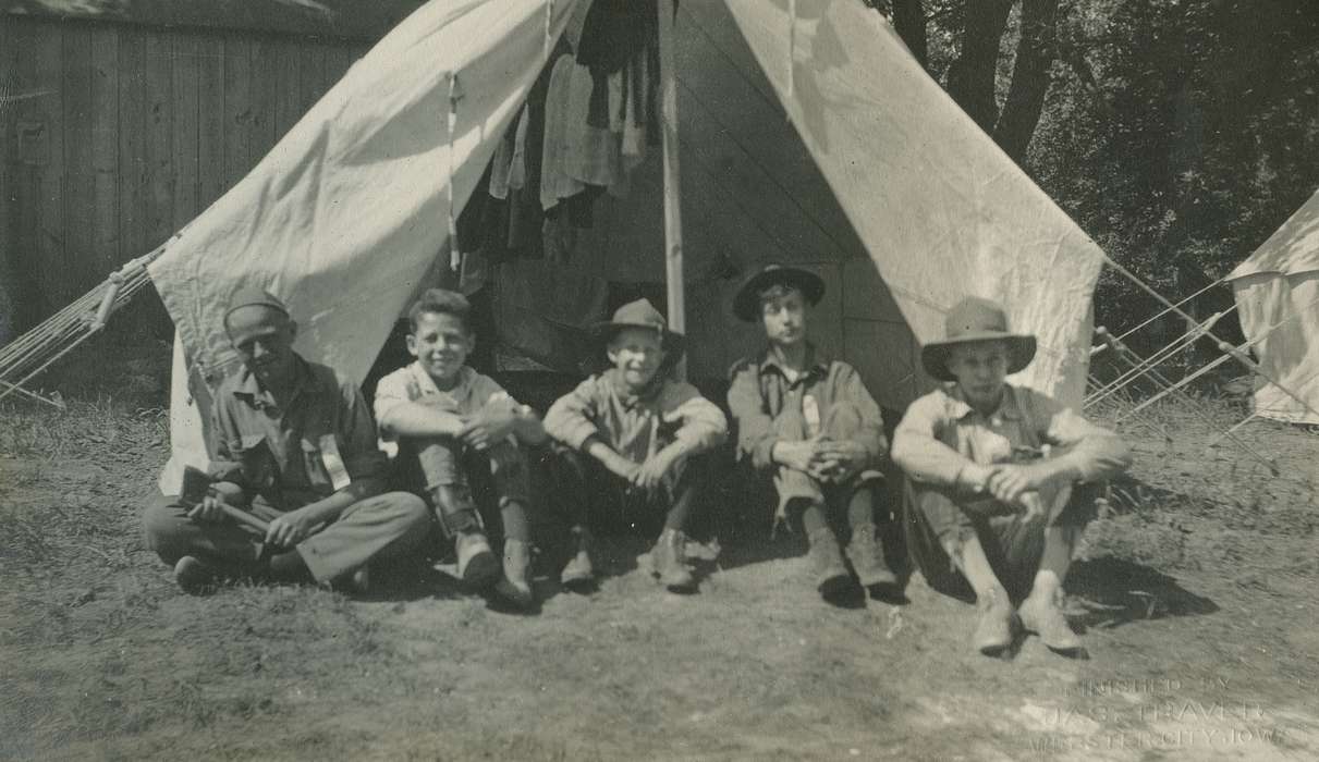 Portraits - Group, camping, Iowa History, tent, Iowa, McMurray, Doug, Hamilton County, IA, history of Iowa, Outdoor Recreation, Children, boy scouts