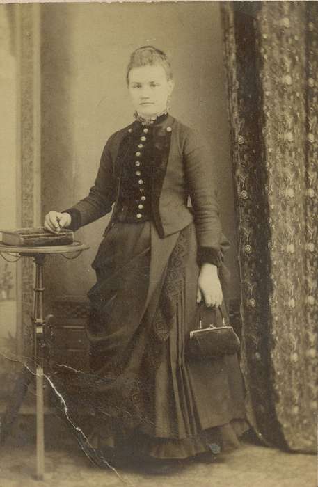 bustle, carte de visite, Iowa, purse, Ames, IA, woman, Olsson, Ann and Jons, Portraits - Individual, book, collared dresses, history of Iowa, Iowa History