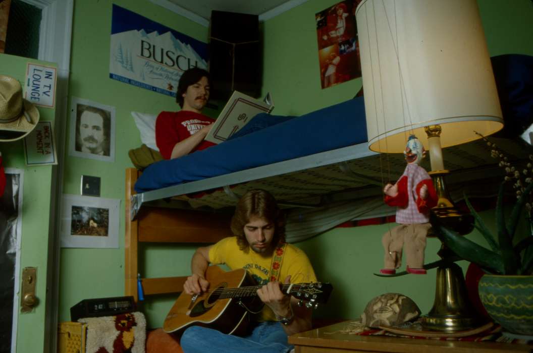 poster, Cedar Falls, IA, history of Iowa, bunk bed, Iowa History, puppet, uni, UNI Special Collections & University Archives, Iowa, dorm room, Schools and Education, university of northern iowa, Leisure, lamp