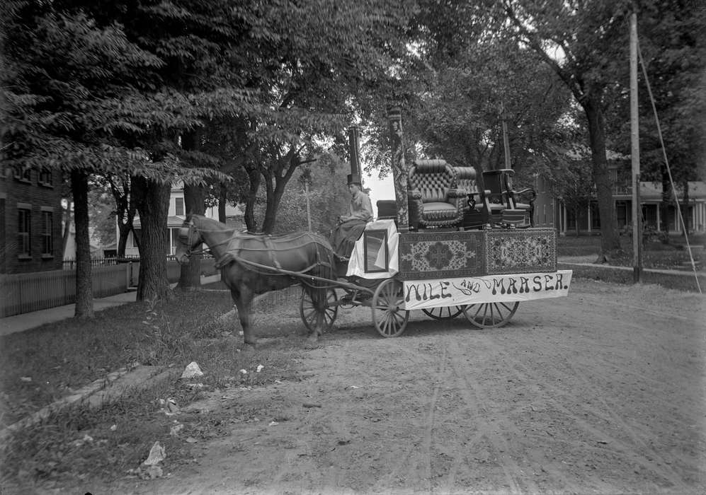 history of Iowa, armchair, mirror, Iowa History, Businesses and Factories, Animals, rug, chair, wagon, Iowa, Cities and Towns, horse, Waverly Public Library