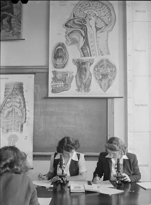 poster, history of Iowa, anatomy class, Iowa History, Library of Congress, studying, classroom, microscope, Iowa, students